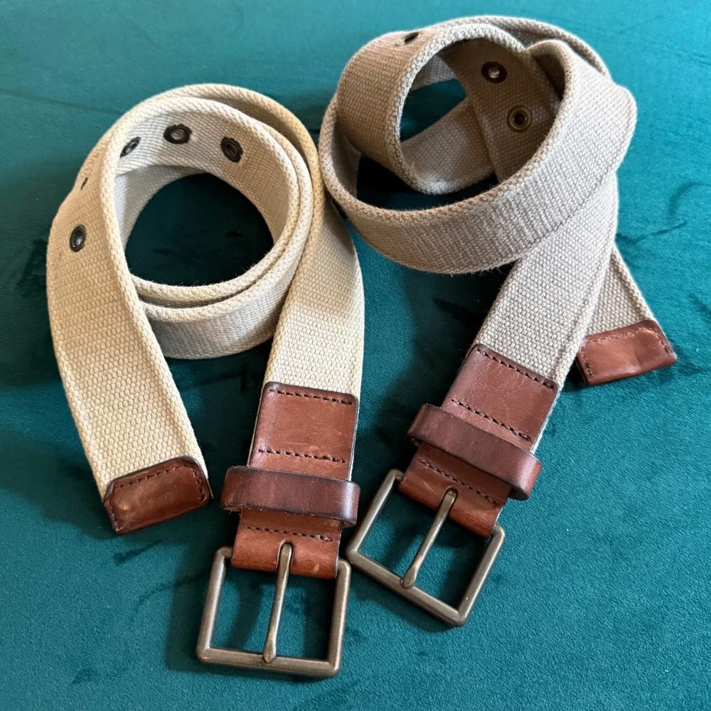 Eddie Bauer Mens Canvas Leather Web Belts Size 32 Made in USA Tan Khaki Lot of 2